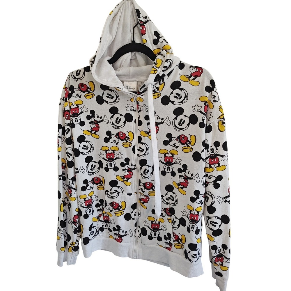 Disney Mickey Mouse Print Women Junior Jacket Full Zip Hooded White Large 11-13